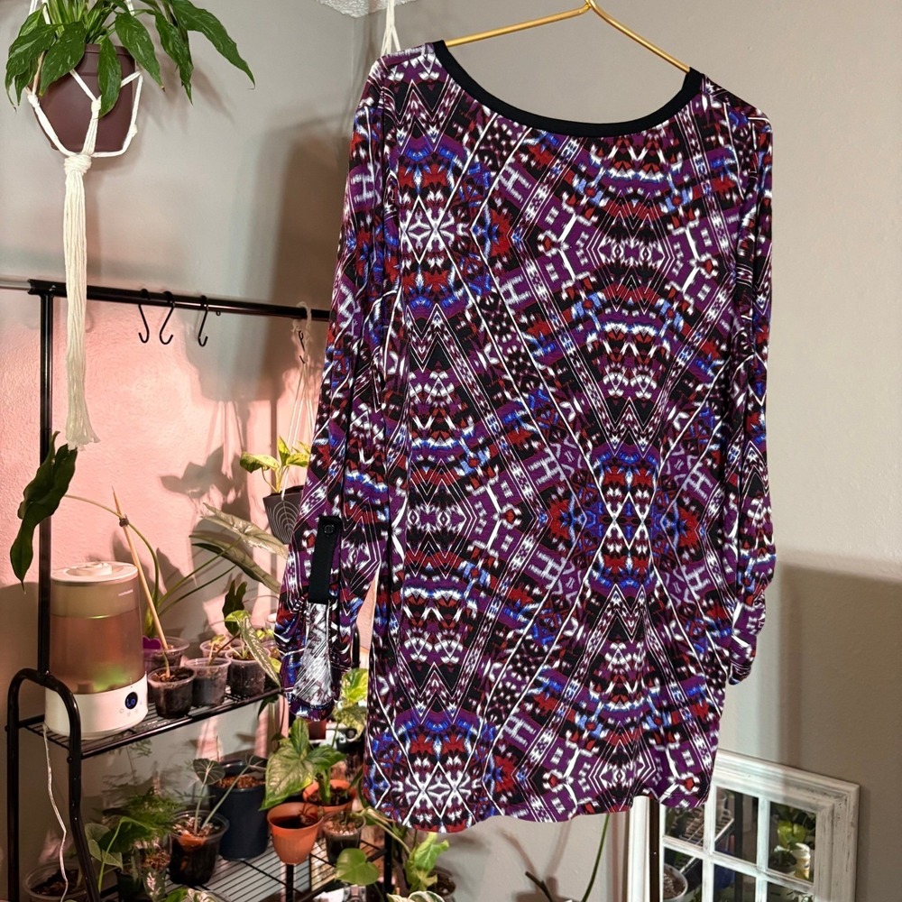 Cable & Gauge Blouse Womens XL Purple Geometric‎ Ikat V-Neck 3/4 Sleeve Boho Top - Picture 9 of 9